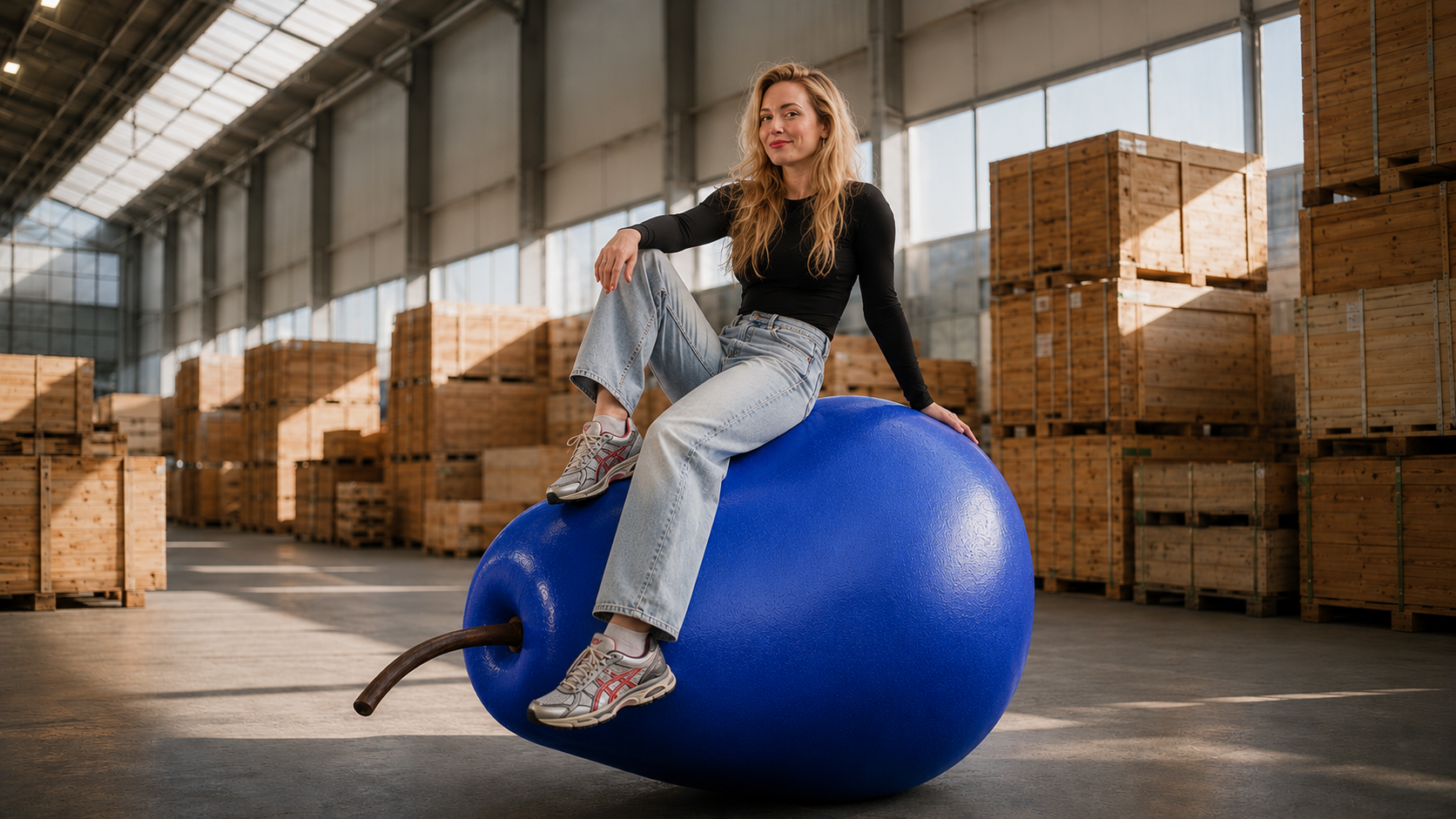Vrouw in zwarte top en spijkerbroek op een reusachtige felblauwe peer in een magazijn